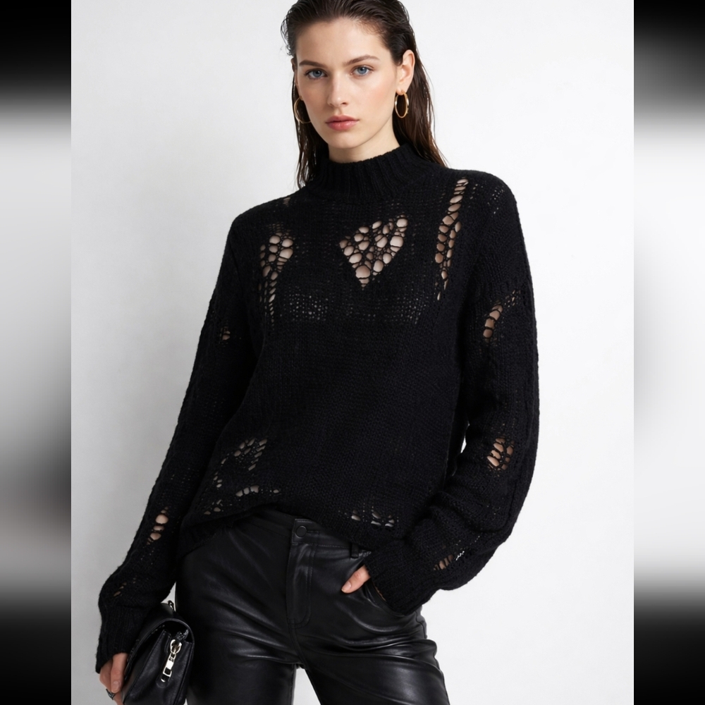 3.1 Phillip Lim Black Open Knit Turtleneck Sweater